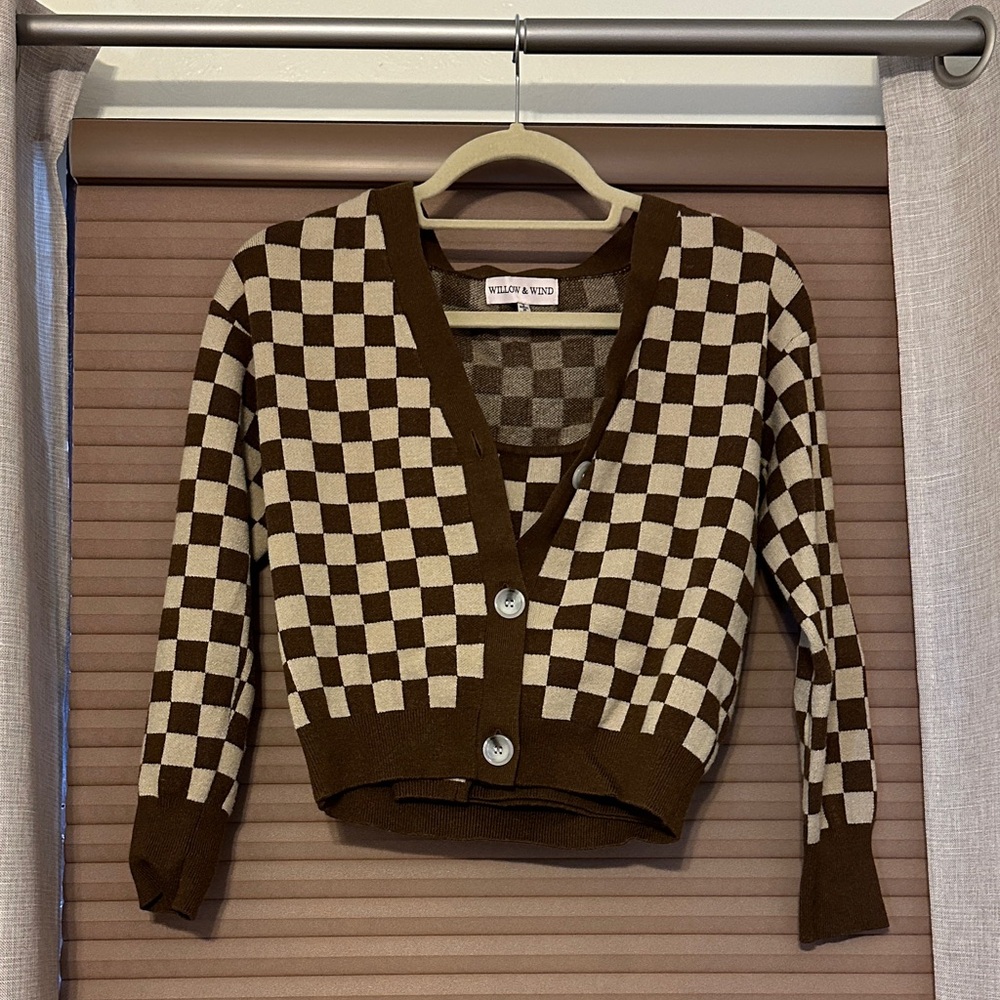 Brown and Cream Checkered Cardigan Sweater
